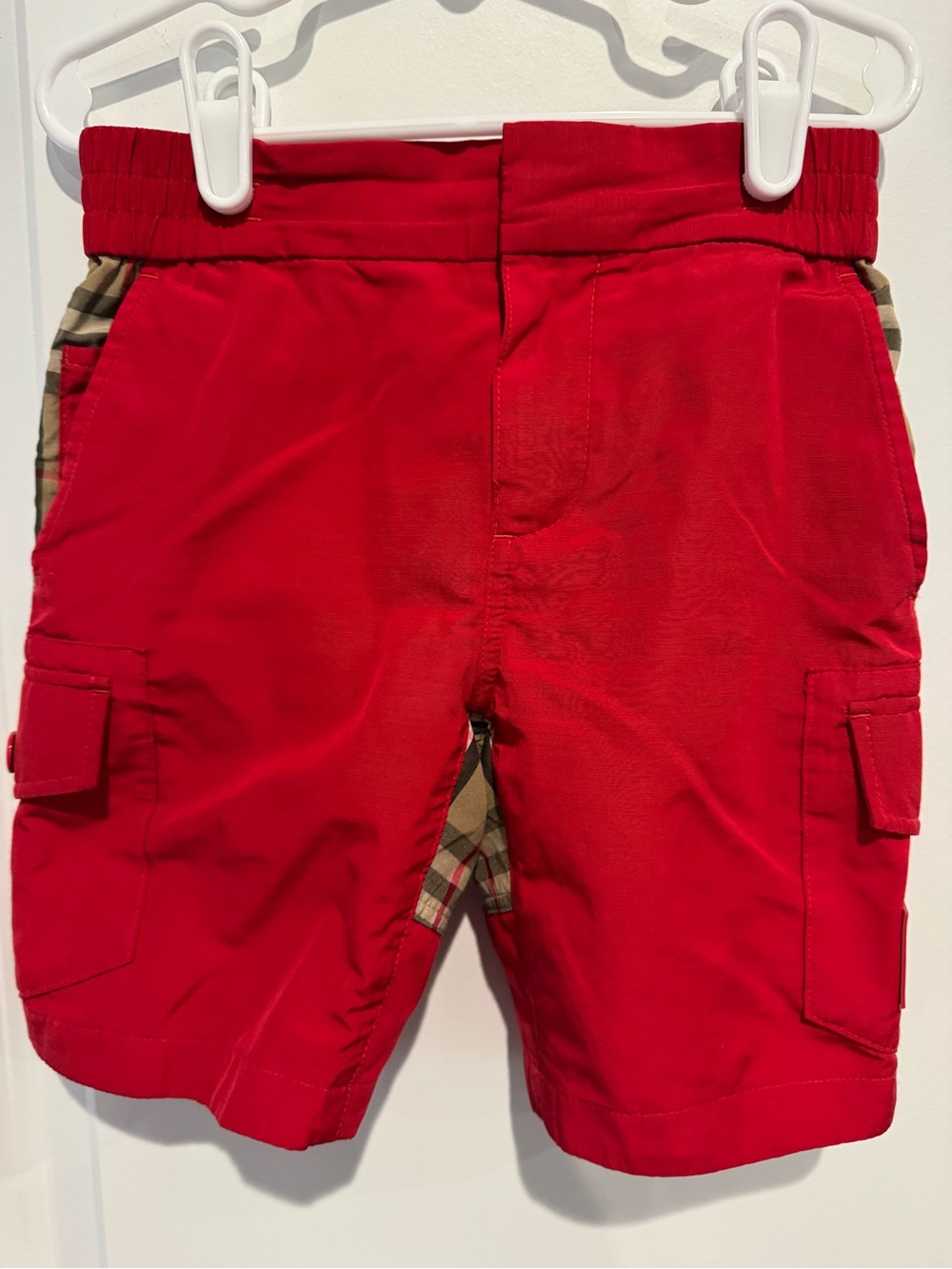Burberry Red Kids Cargo Shorts with Signature Check Panels